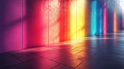 Colorful holographic light rays on wall, iridescent rainbow effect.