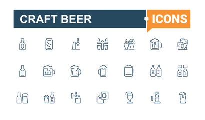 Craft Beer icons set in linear style. Icons barrel, oktoberfest, bar, drink, brew, pint and more. Line symbol. Editable stroke. Vector illustration.
