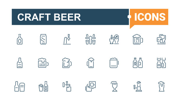 Craft Beer icons set in linear style. Icons barrel, oktoberfest, bar, drink, brew, pint and more. Line symbol. Editable stroke. Vector illustration.