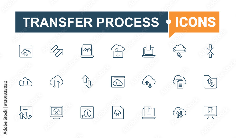 Poster transfer process vector line icon set. contains linear outline icons like draw, internet, document, 