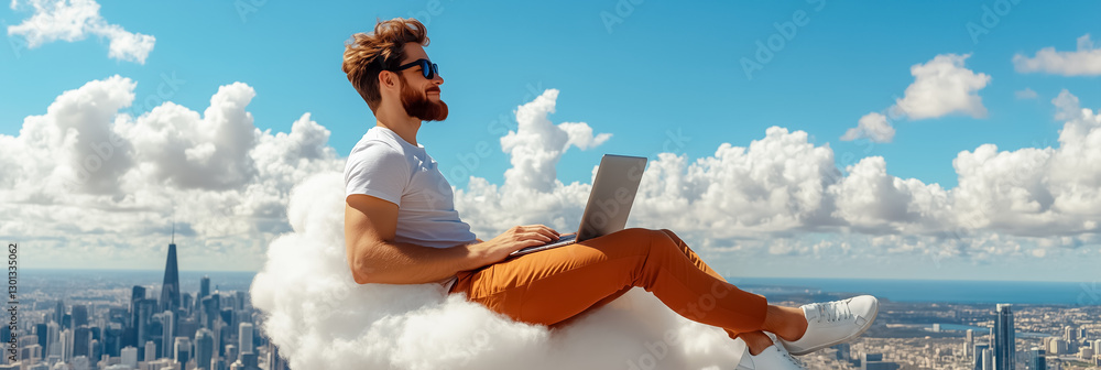 Poster soaring in a high angle view, a software developer enjoys a moment of tranquility, typing on a lapto