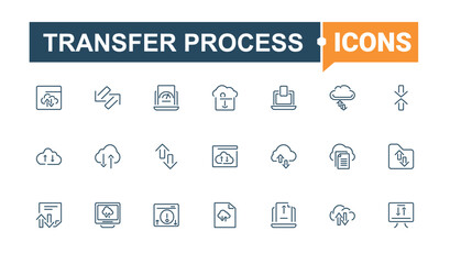 Transfer Process vector line icon set. Contains linear outline icons like draw, internet, document, up, downloading, element and more. Outline icon. Minimalist editable vector stroke.