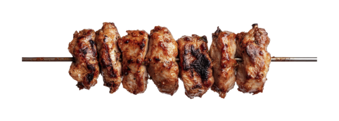 Grilled meat skewers prepared for a delicious summer barbecue gathering with friends and family outdoors on a sunny day, cut out