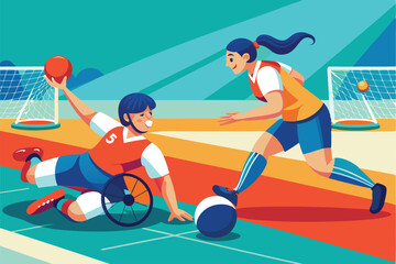 Fototapeta premium A male athlete in a wheelchair throws a goalball while a teammate runs to assist during a goalball game, Paralympic goalball Customizable Semi Flat Illustration