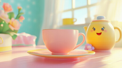 Fototapeta premium A pink cup with a yellow saucer sits on a table
