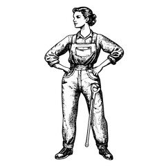 Vector engraved illustration of a confident woman in work attire with a tool, embodying strength and determination in design