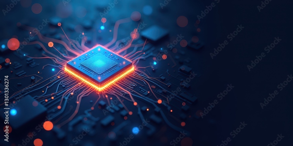 Poster vibrant microchip with data connections on a dark background