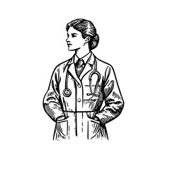 Vector engraved illustration of a female doctor in a professional attire with stethoscope for product design