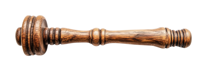 Elegant wooden gavel designed for courtroom use during legal proceedings and official meetings at a law office in a traditional setting, cut out