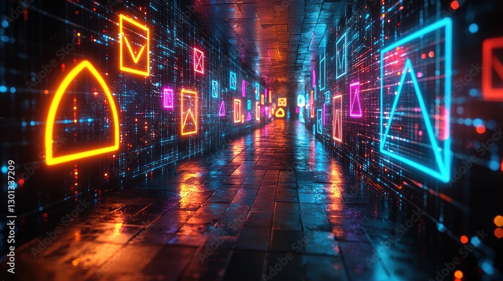 Poster neon geometric shapes in a futuristic tunnel with data stream