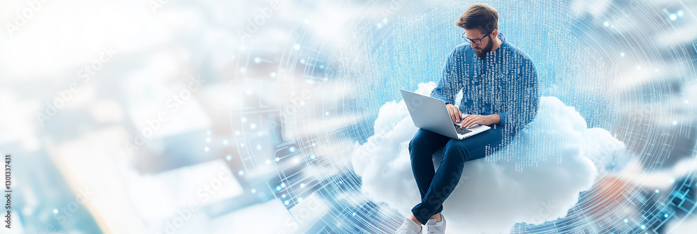 Poster a software developer sits comfortably on a soft, white cloud, working on a laptop with a stunning vi
