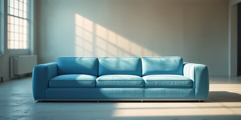 Blue couch in a bright room with natural light streaming through the window