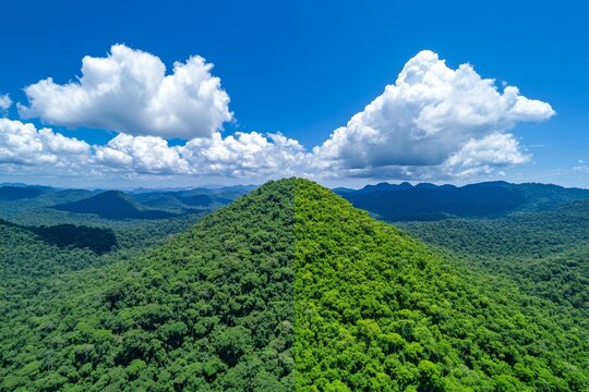 A time-lapse image comparing a rainforest before and after deforestation, highlighting climate impact