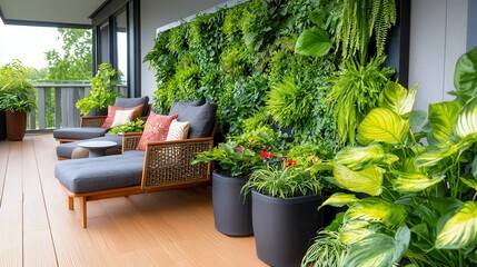 Obraz premium Garden greenery walls aesthetic decorative touch Lush greenery adorns a stylish outdoor seating area with cozy cushions.