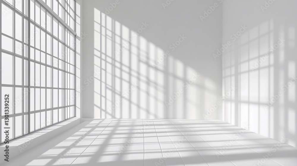 Poster sunlight streams through large window in empty white room