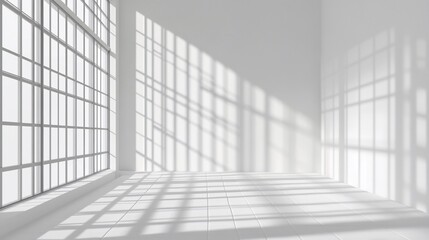 Sunlight streams through large window in empty white room