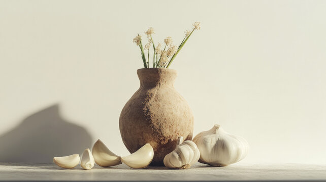 A vase with flowers and garlic on a table