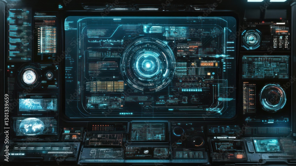 Poster a futuristic display panel showcasing data and digital technology