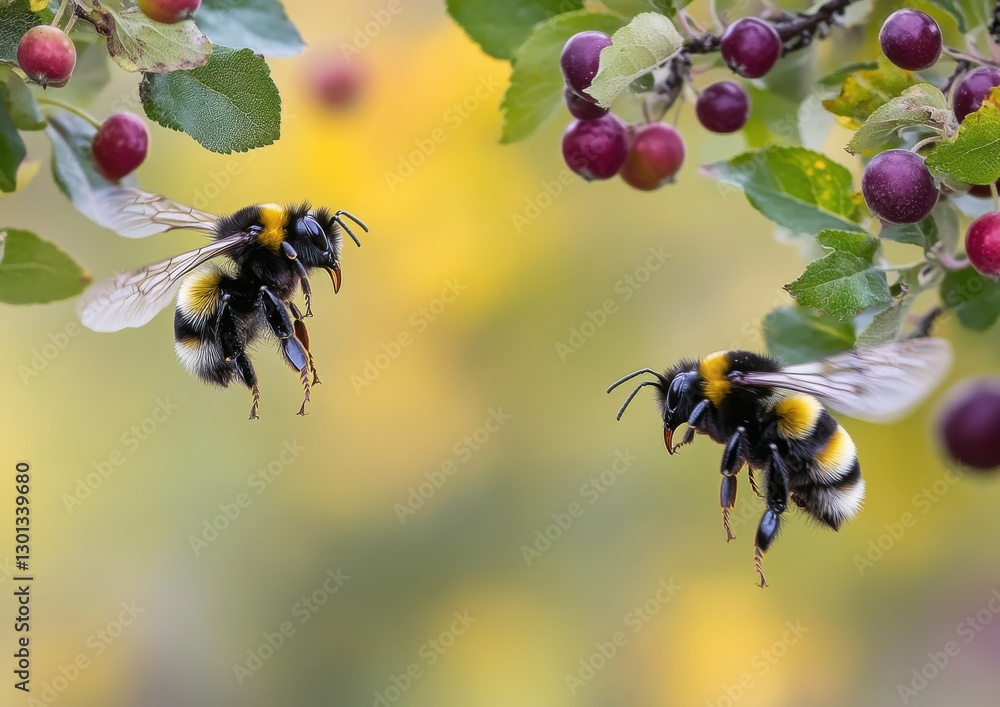 Poster close-up of two vibrant bees hovering near small fruit on a branch with soft blurred background in a
