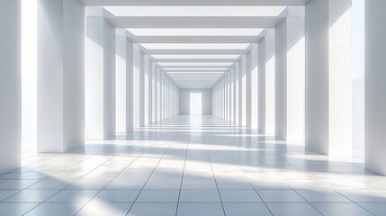 Obraz premium Sunlit white hallway, modern architecture, perspective, interior design, background windows