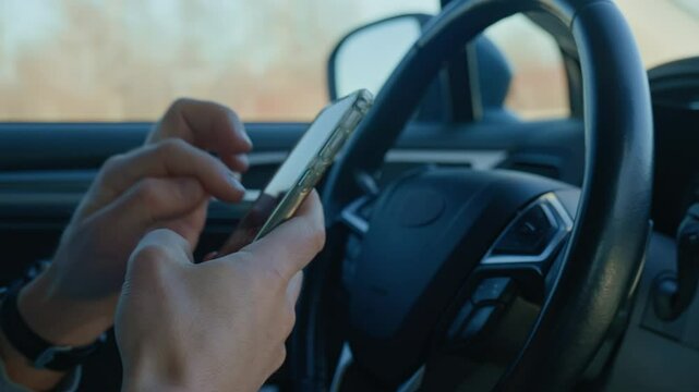 Close-up of driver hands using smartphone while driving car, risk of distraction and road safety concerns. Dangerous driving of vehicle, violation of traffic rules