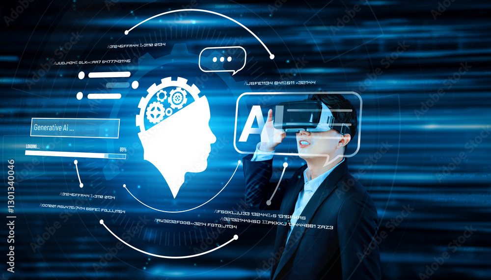 Poster smart businessman wearing suit and vr goggle while using ai assistance planning plan. project manage
