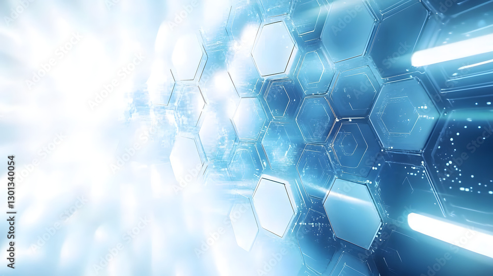 Poster modern 3d hexagonal technology abstract background features blue bright energy flashes under hexagon