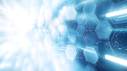 Modern 3D hexagonal technology abstract background features blue bright energy flashes under hexagons in a futuristic technology design against a white background