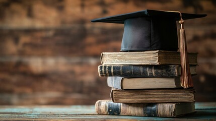 A graduation cap rests on stacked books on a wooden shelf, symbolizing education and learning. The image conveys simplicity and knowledge. 