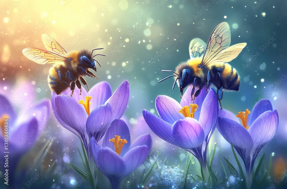 Poster close-up of vibrant bees pollinating crocus flowers in a magical spring landscape with soft bokeh ef