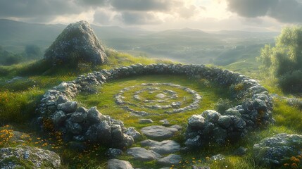 Fototapeta premium Unveiling the Mysteries of a Bronze Age Cairn Circle Below Moel Goedog Hillfort in Harlech, Wales