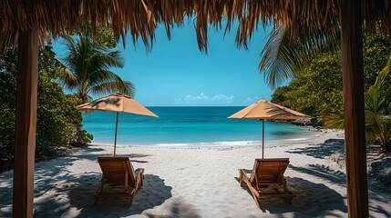 A Scenic Beach Umbrella Framed by Lush Tropical Palm Trees and Stunning Ocean Views