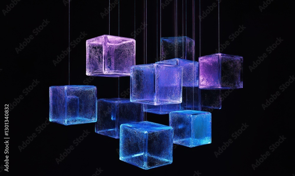 Poster glowing translucent cubes hang from strings against a black background.