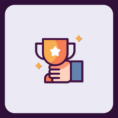Stylized hand holding a trophy cup, symbolizing achievement and success