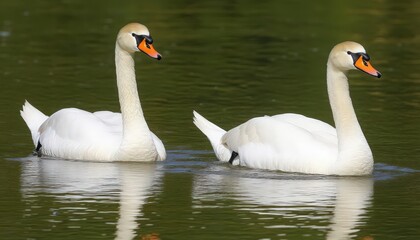 Two White Swans on Calm Dark Green Water