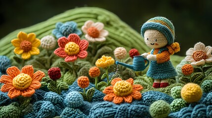 A Charming Knitted Garden Scene with a Child Watering Vibrant Flowers in a Quaint Rural Setting