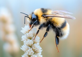 Close-Up of Vibrant Bumblebee Pollinating Delicate Flower in Soft Natural Light During Springtime Outdoors in Lush Garden Setting