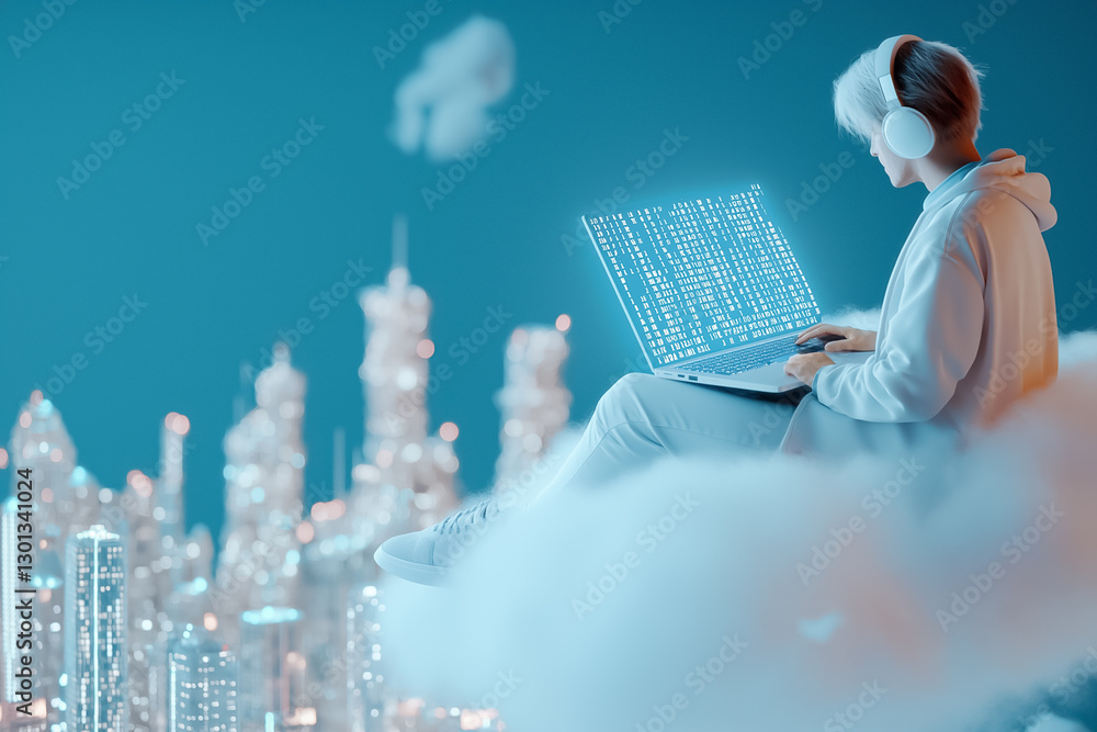 Poster a software developer lounges on a fluffy cloud, immersed in coding on a laptop. below, a dazzling fu