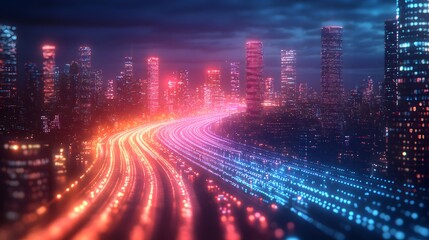 Fototapeta premium A mesmerizing scene of glowing mesh traffic lights illuminating a dynamic urban highway at night, vibrant light trails reflecting the fast-paced life of the city
