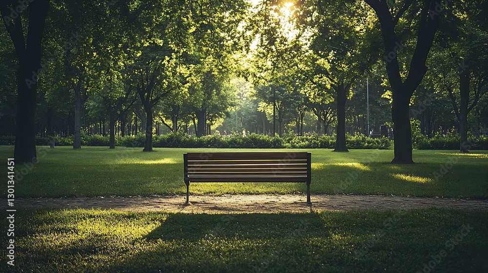 Poster tranquil park atmosphere featuring a bench in warm sunlight surrounded by lush greenery and trees : 