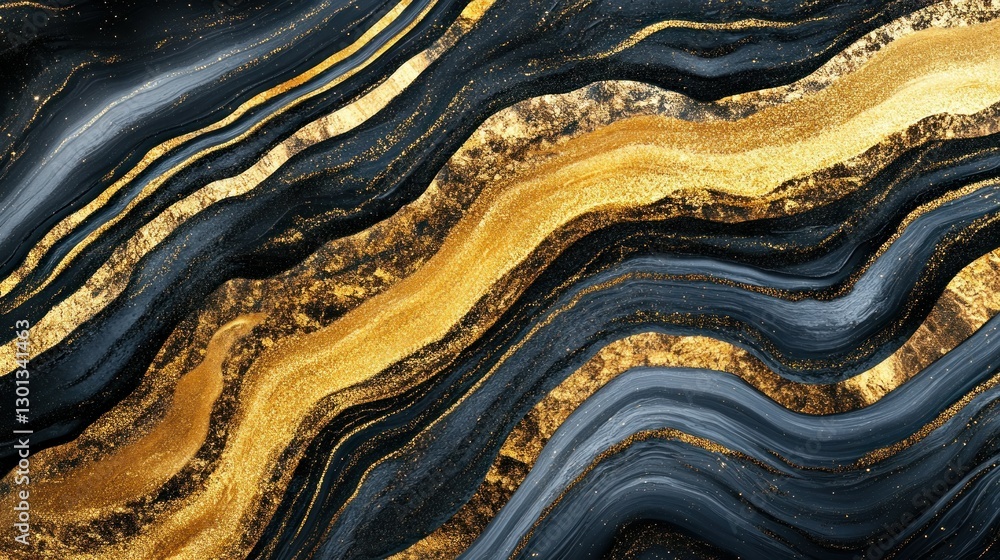 Poster Wavy Swirling Abstract Pattern Displaying Contrasting Gold And Dark Colors