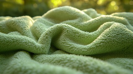 Cozy lime green knitted velour fabric provides a soft, textured background for a youthful, handmade aesthetic.