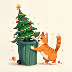 A cat throws a Christmas tree into a trash can on a white background.