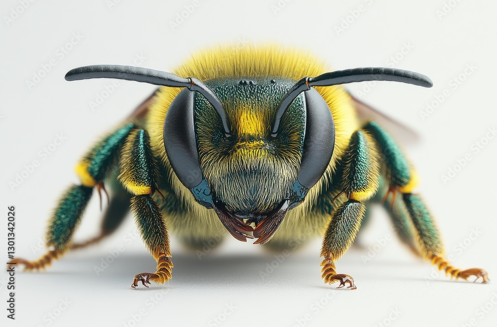 Poster close-up of vibrantly colored bee with detailed features, capturing intricate patterns and textures 
