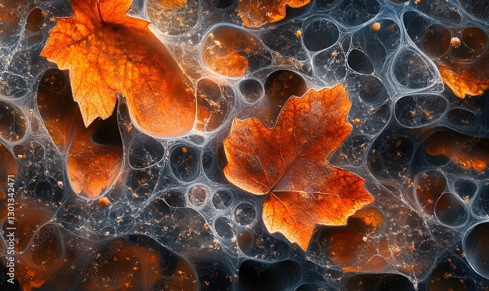 Poster abstract autumn leaves intertwined with delicate webs creating a captivating texture