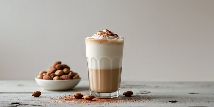 Glass of iced coconut almond caramel latte with a bowl of nuts on a wooden table.