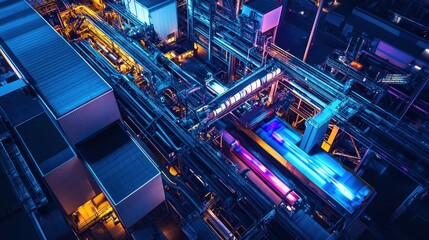 Fototapeta premium An industrial complex shows pipelines and lights at night