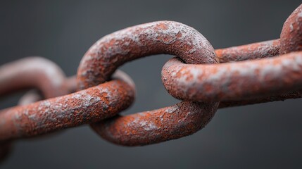 Fototapeta premium Rusty chain symbolizing blockchain challenges in industry macro view industrial environment