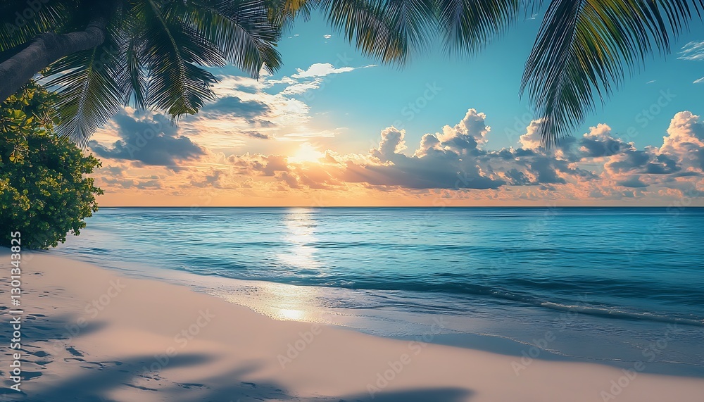 Aufkleber stunning sunset beach view with tropical palm trees and peaceful ocean waves creating a serene lands