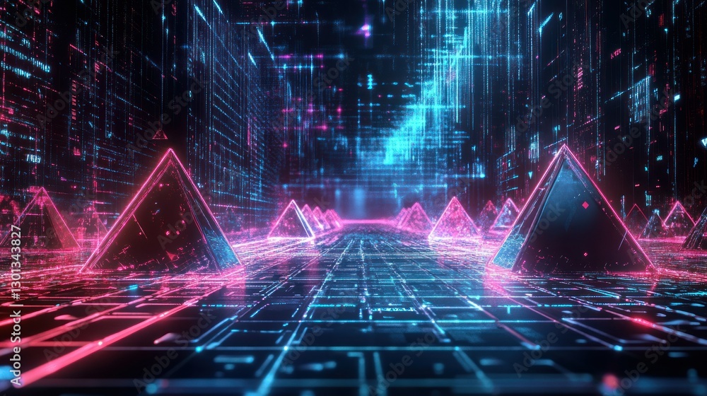 Aufkleber illuminated pyramids and grid lines create a digital futuristic landscape